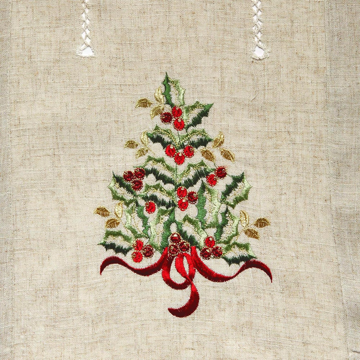 SARO LIFESTYLE 60041.N1654B Holly Collection Christmas Tree Embroidered Table Runner, 16" x 54", Natural