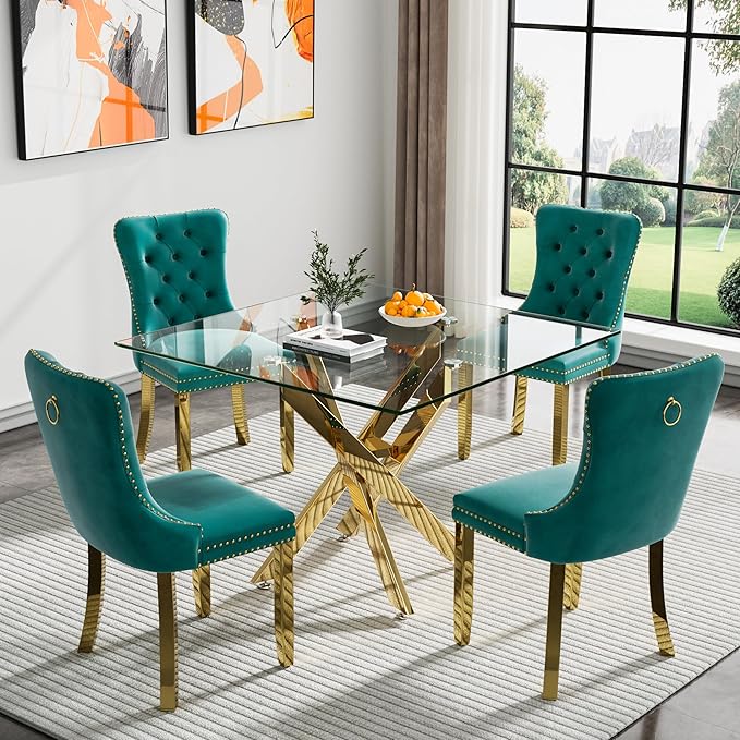 Goujxcy Glass Dining Table Set for 4, Modern Kitchen Table and Chairs Set of 4, 5-Piece Kitchen Dining Room Table Set w/36 Square Gold Glass Dining Table and 4 Green Velvet Upholstered Chairs