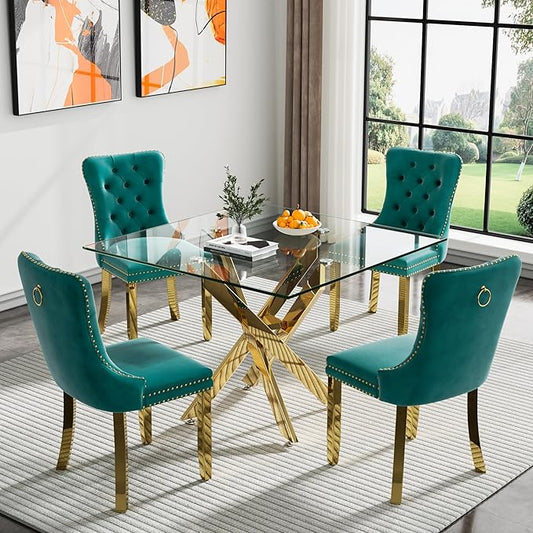 Goujxcy Glass Dining Table Set for 4, Modern Kitchen Table and Chairs Set of 4, 5-Piece Kitchen Dining Room Table Set w/36 Square Gold Glass Dining Table and 4 Green Velvet Upholstered Chairs