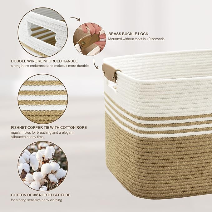 Laundry basket with leather handles for clothes,blankets,pillows,toys, towels,suitable for bedrooms and living rooms,cotton woven laundry hamper,extra large gift basket,(21"x15"x11",Khaki)