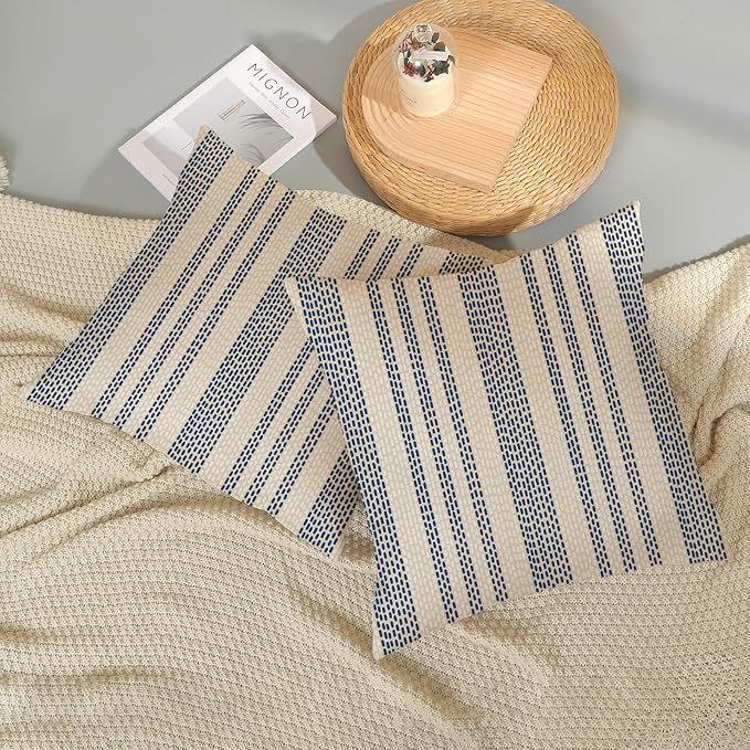 Boho Pillow Covers 18x18 Pack of 2 Blue Polka Dot Stripes Decorative Throw Pillow Covers Bohemian Abstract Modern Decoration Pillowcase Farmhouse Linen Cushion Case for Home Couch,Outdoor Decor