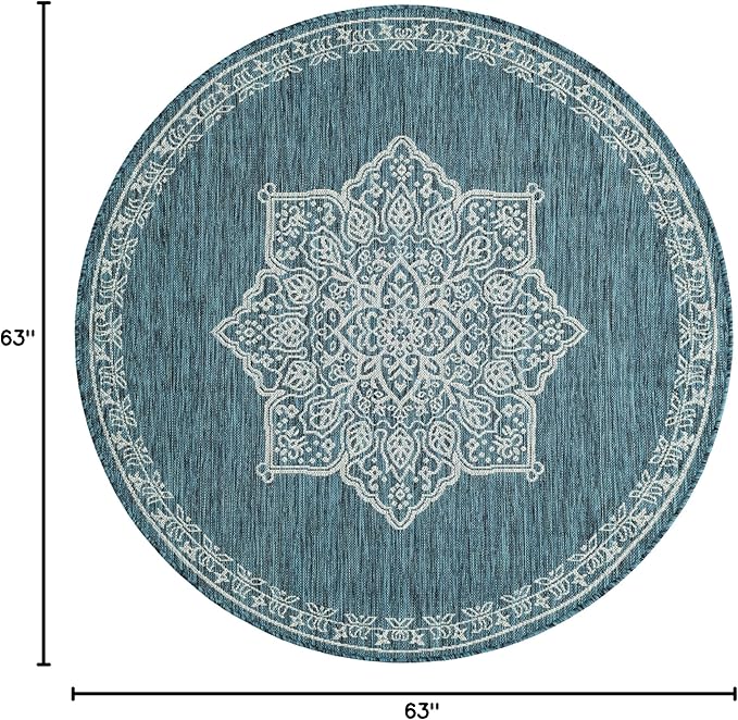 Unique Loom Outdoor Traditional Collection Area Rug - Antique (5' 3" Round Teal/Ivory)