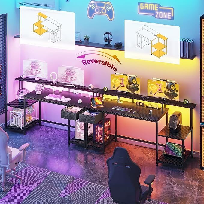 55" W Gaming Desk, Computer Desk with LED & Power Outlet, Office Desk with Printer Storage Shelves & Storage Drawer, Study Table with Monitor Shelf, Dorm Room Essentials, Black