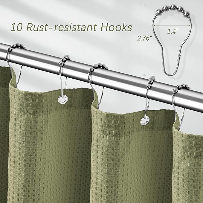Khaki Shower Curtain Waffle Weave 60 Inches Heavy Fabric Duty Shower Curtains for Stall, Water Repellent 256GSM Weighted Modern Bathroom Shower Curtains with 10 Metal Hooks, 60Wx72H