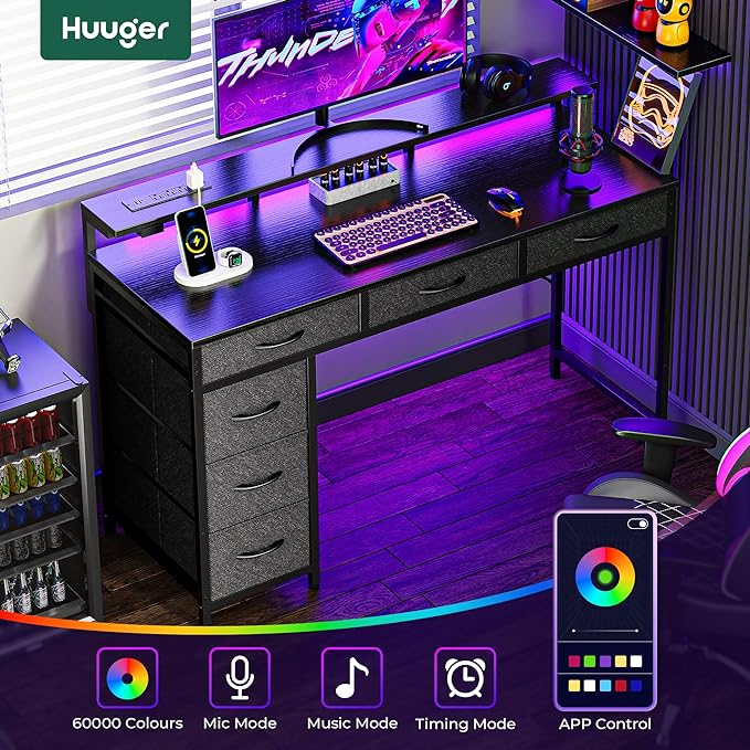 Huuger Gaming Desk with 6 Drawers, Computer Desk with LED Lights Power Outlets and Type-C, 47 Inch Office Desk with Storage, Monitor Stand, Writing Desk Work Desk Home Office, Bedroom, Study, Black