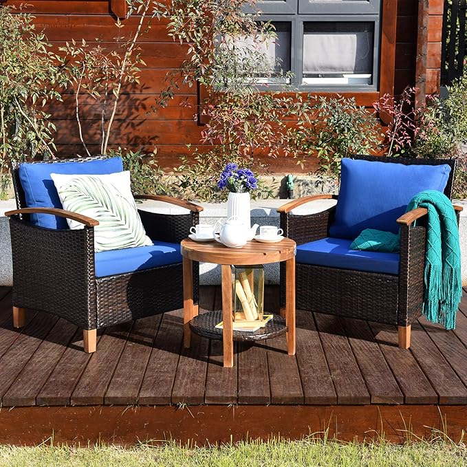 Tangkula 3 Pieces Patio Furniture Set, Outdoor Rattan Sofa and Side Table w/Solid Acacia Wood Frame, High Load Bearing Conversation Bistro Set w/Washable and Removable Cushions (Navy Blue)