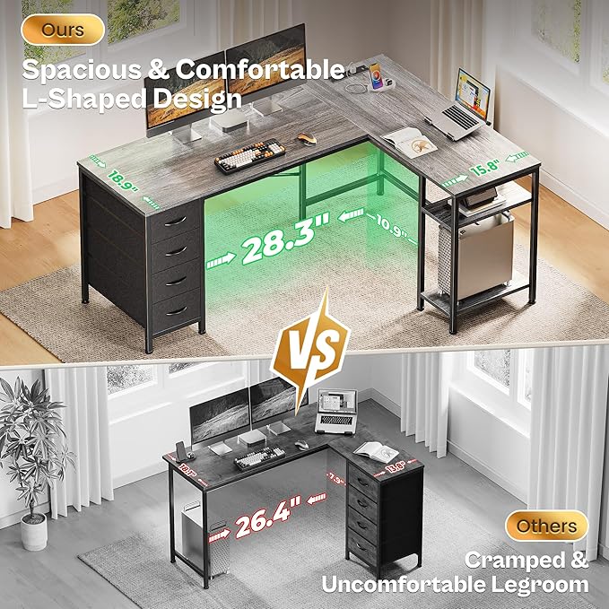 Huuger 55 Inch L Shaped Desk with Fabric Drawers, Reversible Computer Gaming Desk with Power Outlets and USB-C Port, Adjustable Side Storage Shelves, for Work Study Corner Home Office, Grey