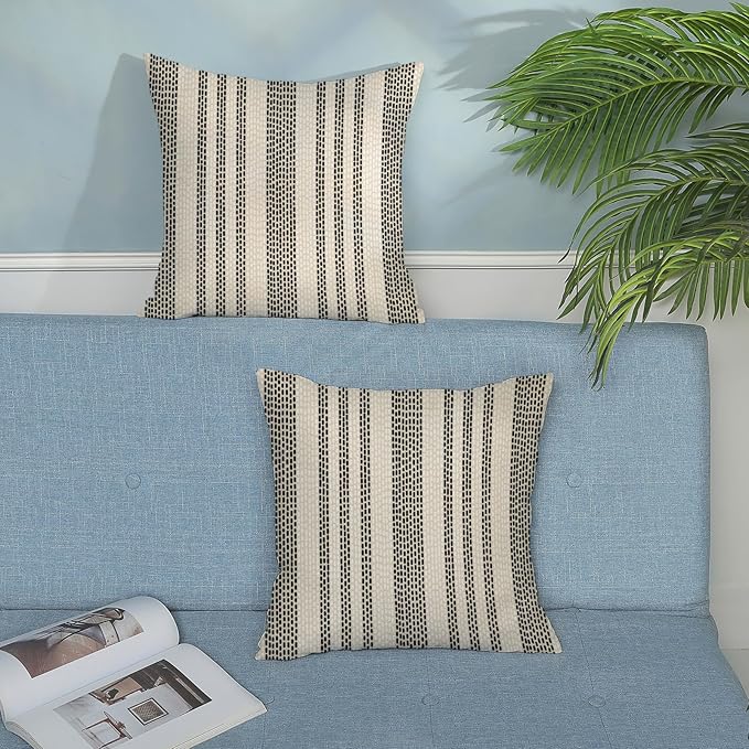 Boho Pillow Covers 18x18 Pack of 2 Black Polka Dot Stripe Decorative Throw Pillow Covers Bohemian Abstract Modern Decor Pillowcase Farmhouse Linen Cushion Case for Sofa Couch,Outdoor Decoration