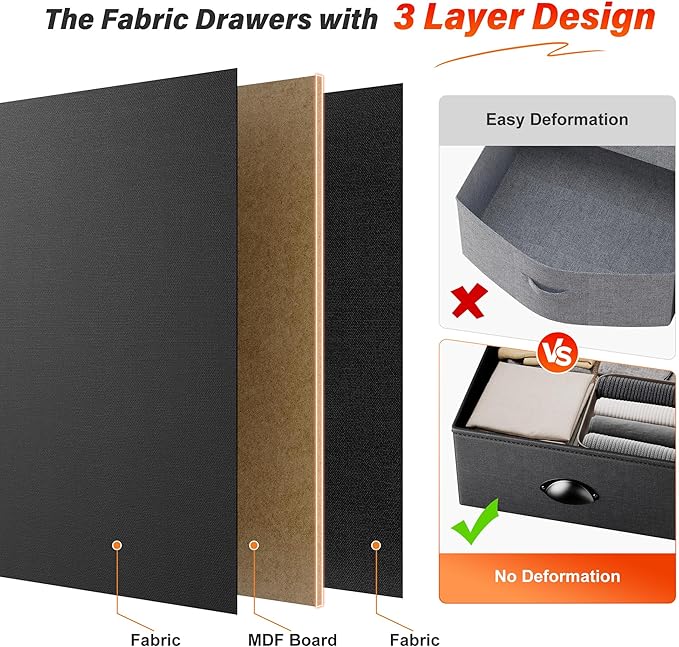 Black Dresser TV Stand for 50" TV, Sturdy Dresser for Bedroom with 3 Wood Open Shelves and 5 Fabric Drawers, Chest of Drawers Storage Dressers for Entryway, Closet, 11.8" D x 39.4" W x 38.4" H