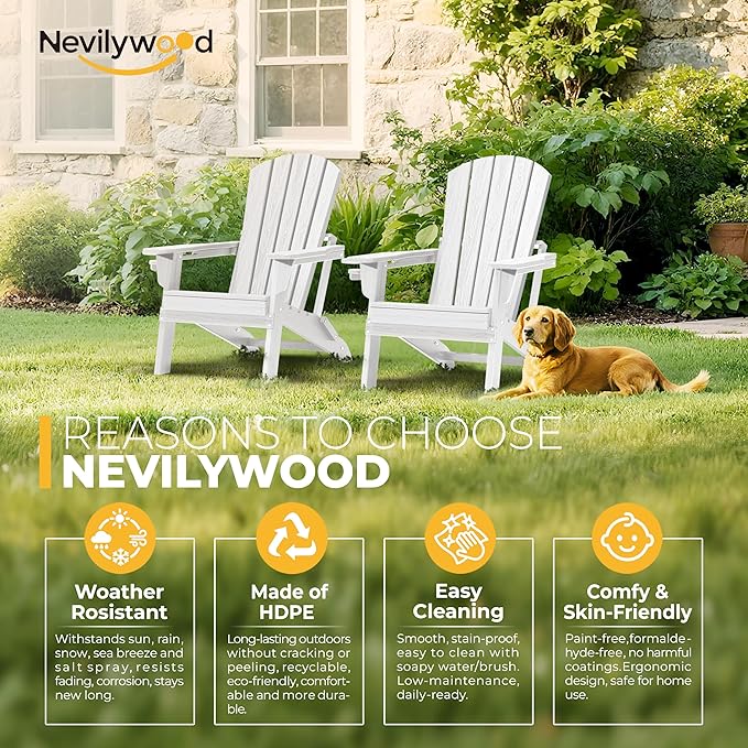 nevilywood Folding Adirondack Chair, Ergonomic Extended Backrest, HDPE All-Weather, 380lbs Capacity, Maintenance-Free, Cup Holder, （White）- Outdoor Patio & Firepit Chair