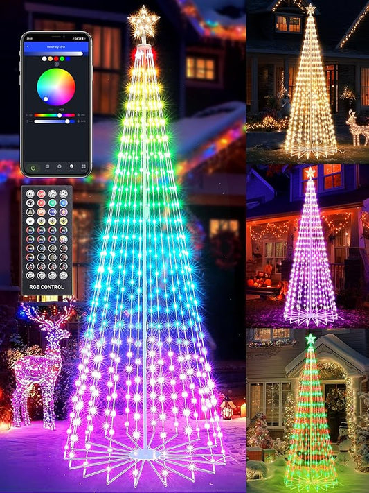 Flacchi Smart Christmas Outdoor Tree Lights - Star Tree Topper with Removable Bracket, App Control, Sync with Music, Waterfall Colored Lighted for Holiday Decorations (8.8FT/ Rope Lights)