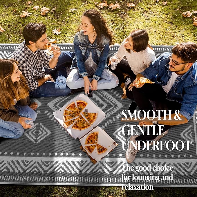 OMERAI Reversible Waterproof Outdoor Rug for Backyard,Plastic Textured Resistant Outdoors Rugs,Portable Washable Easy Cleaning Foldable Camping Beach Carpet for Patio Courtyard, 6'x9' Gray & White