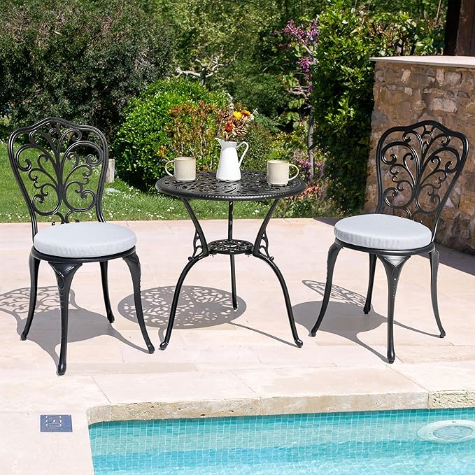 NUU GARDEN 3 Piece Outdoor Bistro Table Set, All Weather Cast Aluminum Patio Bistro Sets Patio Table and Chairs Set of 2 with Umbrella Hole for Yard, Garden, Balcony, Black