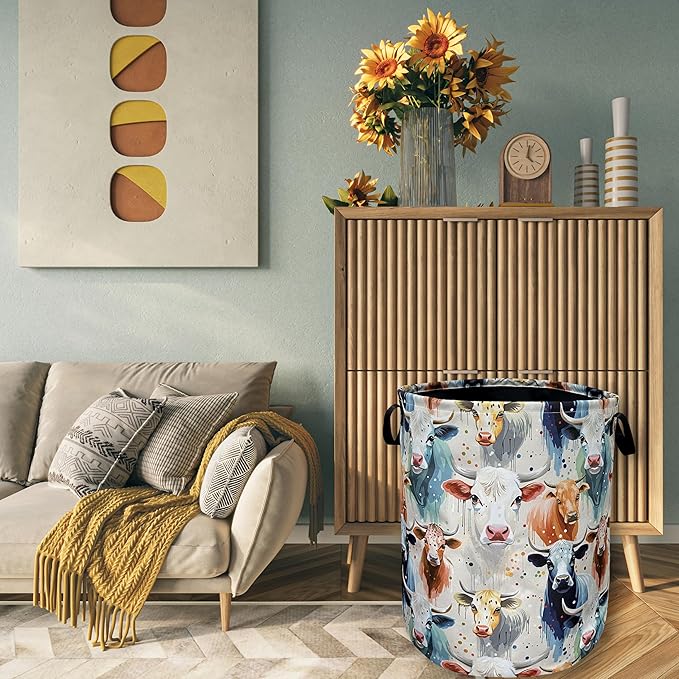 Watercolor Cows Laundry Basket Foldable With Handles Funny Tote BagOxford Cloth Animals Laundry Hamper 18.9" x 16.5" Clothes Storage Bucket Toy Organizer For Bathroom/Laundry/Bedroom