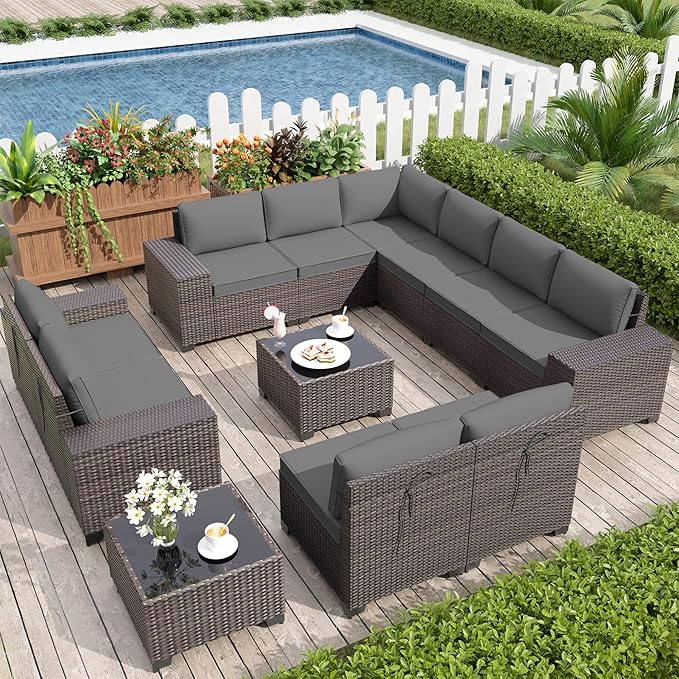 Kurapika 12 Pieces Patio Furniture Set, Rattan Wicker Outdoor Conversation Sets w/4 Inch Cushion and Glass Coffee Table(Grey)