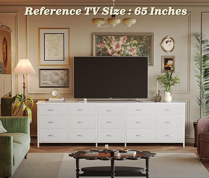 Huuger 78.7 inch Long Dresser for Bedroom, 15 Drawer Fabric Dresser for Closet, Large TV Stand for 65, 75, 85 inch TV, Wide Chest of Drawer with Storage, 78.7" W x 12.9" D x 26.7" H, White