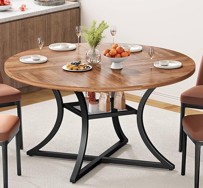 IRONCK 47.2" Round Dining Table for 4, Wood Kitchen Table with Storage Shelf for Dining Room, Dinner Table with Wooden Tabletop and Metal Base, Cherry