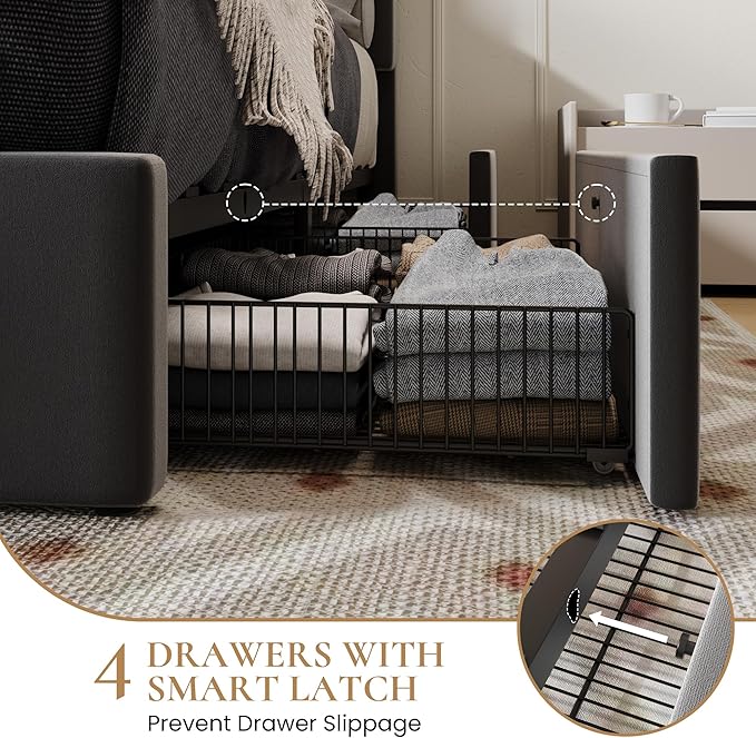 SHA CERLIN Queen Size Platform Bed Frame with 4 Storage Drawers, Vertical Channel Tufted Adjustable Headboard, Velvet Upholstered, Wooden Slats Support, No Box Spring Needed, Easy Assembly, Grey