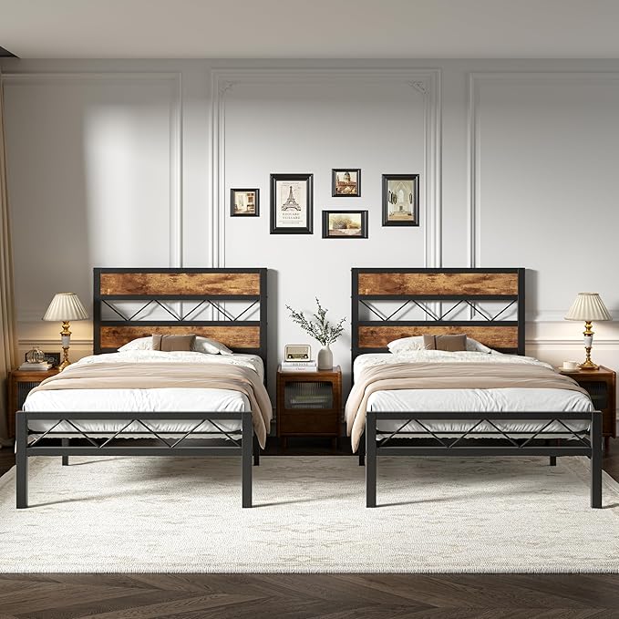 VECELO 2 Twin Bed Frame Set Metal Platform with Wooden Headboard, Heavy-Duty Metal Slats Support, No Box Spring Needed, Non-Slip, Noise Free, Easy Assembly, Black & Brown