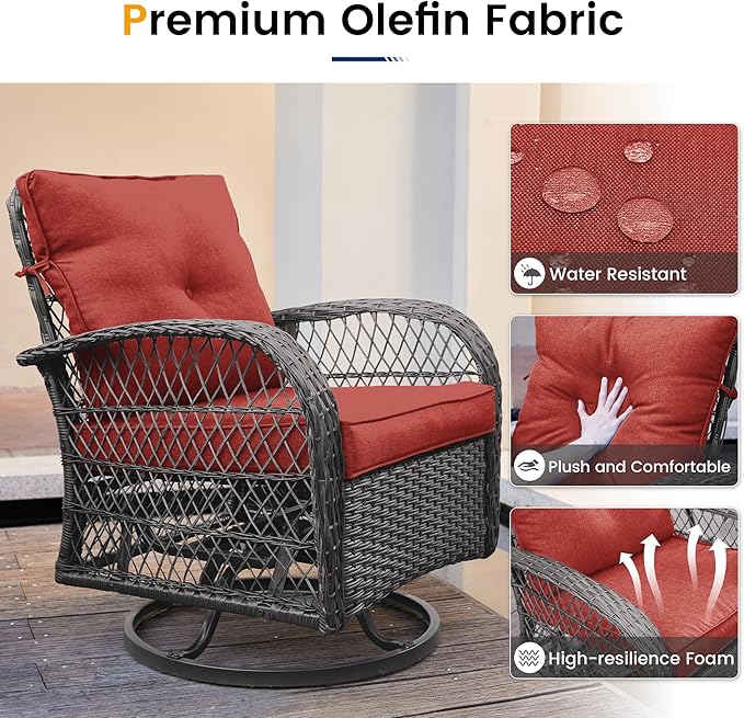 UDPATIO 3 Pieces Patio Furniture Set, Outdoor Swivel Rocker Patio Chairs Set of 2, All-Weather PE Wicker Glider Chairs with Thick Cushions and Glass Coffee Table，for Porch Deck Backyard Red