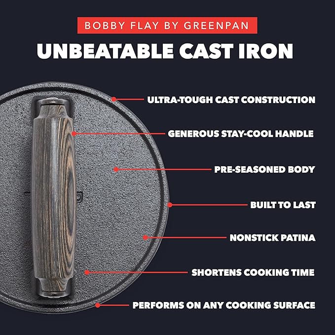 GreenPan x Bobby Flay Smash Burger Press, 6.5" Cast Iron Round Grill Press, Smashed Burgers, Heavy-Duty, Wood Handle, Cookouts & BBQ Tool for Juicy & Crispy Hamburgers Bacon Sandwich, Flat Top Griddle