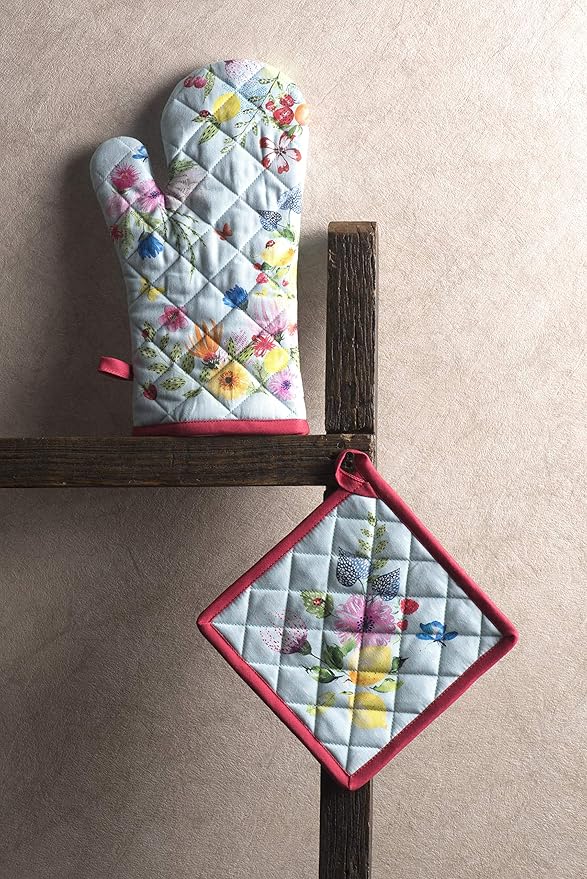 Maison d' Hermine Pot Holders 100% Cotton Heat Resistant Potholders 8" x 8" Hot Pads with Loop BBQ, Cooking, Baking, Grilling, Kitchen, Handling Hot Pans Spring/Summer (Pack of 1, Jardin D'Ete - Mint)