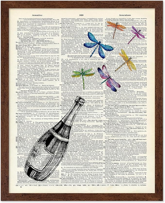 Poster Master Dictionary Art Poster - Champagne Bottle Print - Dragonfly Art - Alcohol Art - Gift for Men, Women & Bartender - Great Decor for Bar, Kitchen or Restaurant, 11x14 Brown Framed