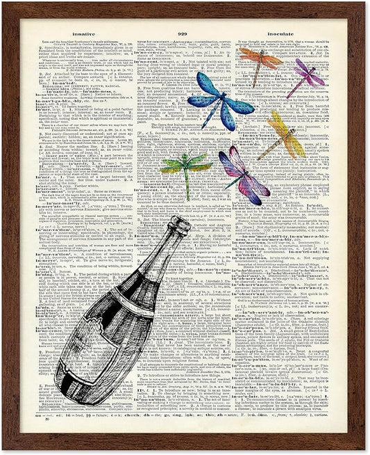 Poster Master Dictionary Art Poster - Champagne Bottle Print - Dragonfly Art - Alcohol Art - Gift for Men, Women & Bartender - Great Decor for Bar, Kitchen or Restaurant, 11x14 Brown Framed