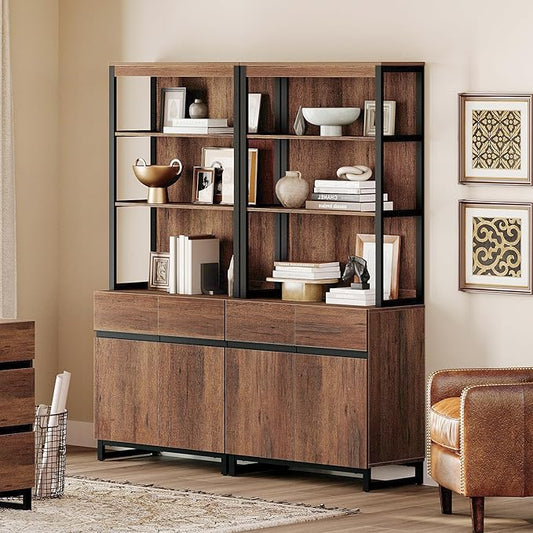 WAMPAT 2 PCS Modern 72" Tall Bookcases with Metal Base and Adjustable Shelves, Library Book Shelf with Storage Cabinet and Open Book Shelfs, Wood Bookshelves for Home Office, Living Room, Brown