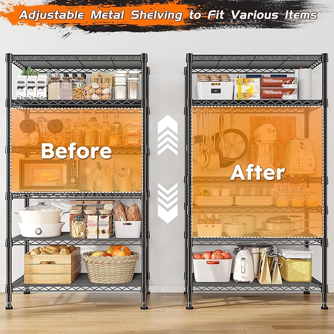 REIBII 6-Tier Metal Shelving Unit Storage Shelves, Sturdy Wire Shelving Adjustable Deep Pantry Shelves Load 800LBS Dorm Storage Shelves for Kitchen Pantry Closet,13.8" D x 21.5" W x 70.5" H
