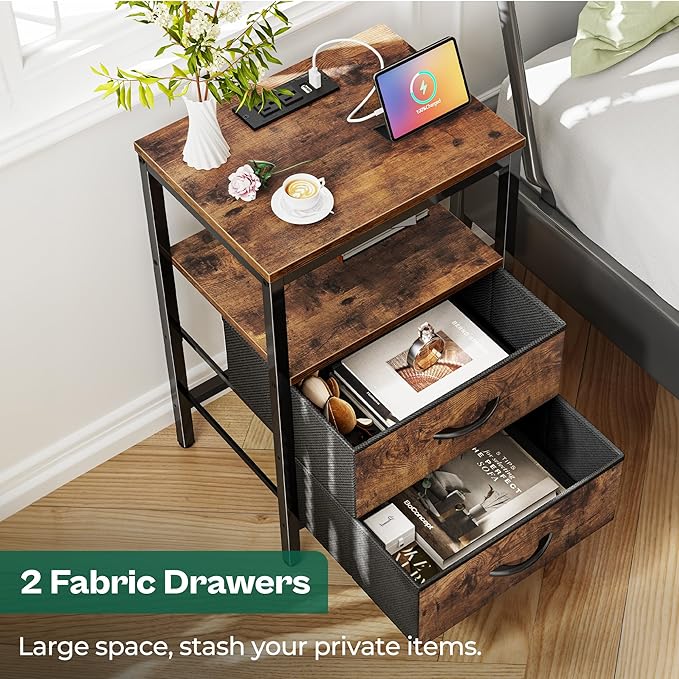 Huuger Nightstands Set of 2, End Tables with Charging Station, Fabric Drawers, Bedside Tables with USB Ports and Outlets, Night Stands for Bedroom, Rustic Brown