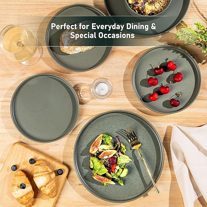 GBhome Ceramic Dinnerware Sets for 6, Matte Stoneware Plates and Bowls Sets,Chip and Scratch Resistant Dishes, Dishwasher & Microwave Safe, Oven safe,Reactive Glaze-Green