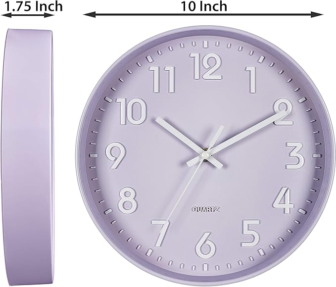 Bernhard Products Purple Wall Clock 10 Inch, Silent Non-Ticking, Quality Quartz 3D Numbers Battery Operated Round Pretty Clock for Kitchen/Office/Kids Bedroom/Baby Nursery Room