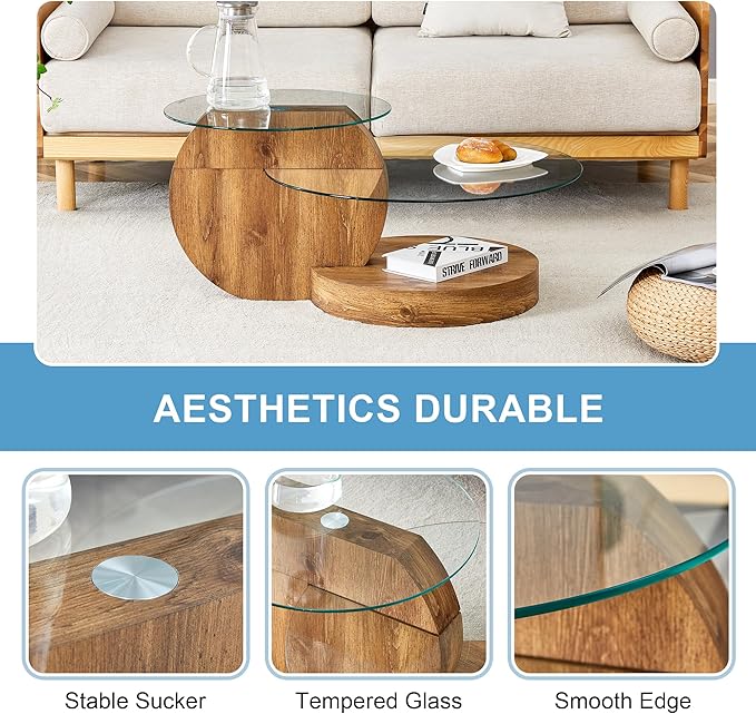 Glass Coffee Table, Modern Round Glass Coffee Table with Wooden Base, 3 Tier Round Coffee Table, Clear Cocktail Table with Storage for Living Room, Office, Balcony, Wood