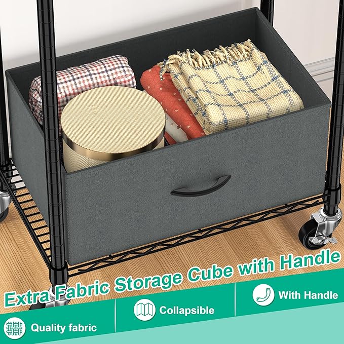 Freestanding Clothes Rack with Drawer, 3 Tier Rolling Garment Rack for Hanging Clothes, Metal Wire Shelving Wardrobe with Rods Portable Closet Organizer Clothing Shelf with Wheels, Black