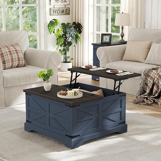 Furnideco Square Coffee Table with Storage Farmhouse Coffee Table with Lifting Top Modern Wood Center Table for Living Room Home Office, Blue