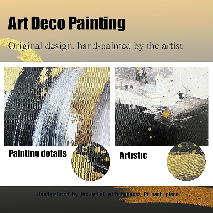 Black White and Gold Wall Art for Living Room Large Size - Hand Painted Wall Art for Bedroom - Abstract Painting Wall Decor Office Size 29" x 59"