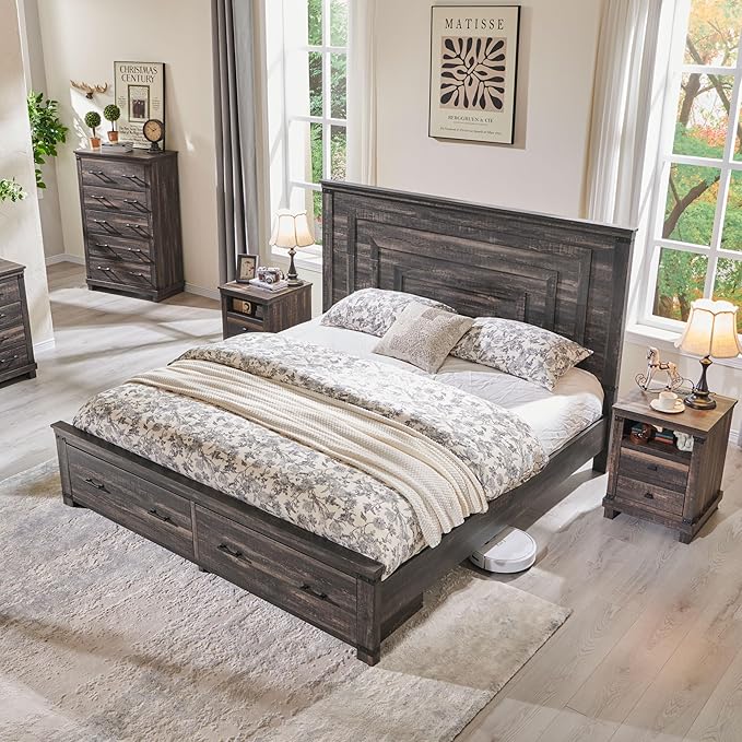 T4TREAM Farmhouse King Size Bed Frame with 54" Tall Geometric Headboard & 2 Large Storage Drawers, Rustic Wood Platform Bed with Wood Slats Support, No Box Spring Needed, Dark Rustic Oak