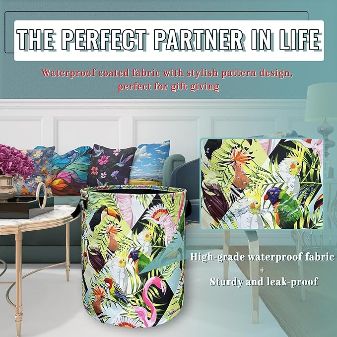 Funny Tropical Birds Laundry Basket Foldable With Handles Tote Bag Oxford Cloth Palm Leaves Laundry Hamper 18.9" x1 6.5" Clothes Storage Bucket Toy Organizer For Bathroom/Laundry/Bedroom