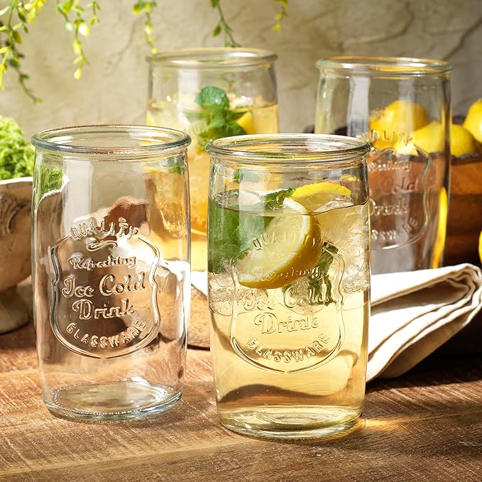 Glaver's Drinking Glasses Set of 4, Vintage Italian Style – Elegant 20 Oz Clear Tumbler Glassware Set– Genuine Artisan-Made for, Refreshing Drinks, Beverages, Cocktails.