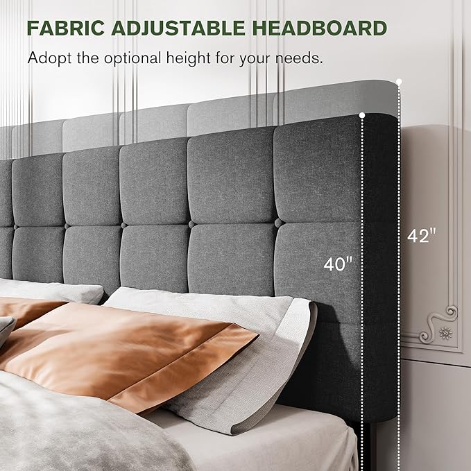 MUTICOR Full Size Bed Frame with 4 Storage Drawers, Upholstered Platform Bed with Button Tufted Adjustable Headboard, No Box Spring Needed, Easy Assembly, Square Tufted, Dark Grey Fabric