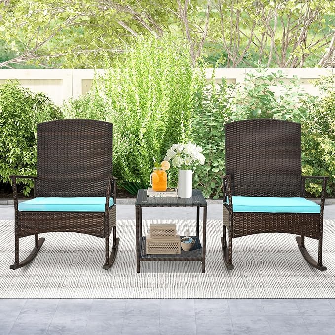Tangkula 3 Pieces Rocking Wicker Bistro Set, Outdoor Front Porch Rocker Chairs Conversation Set with 2-Tier Tempered Glass Coffee Table and Thick Cushions for Garden, Balcony, Poolside (Turquoise)