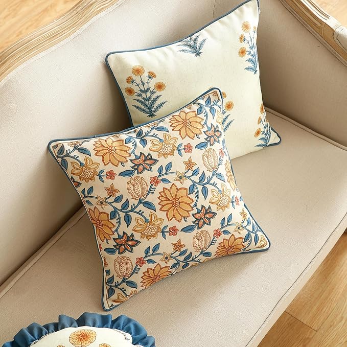 Design Square Simple Elegant Linen Throw Pillow Covers 18"x18" Pack of 2, Blue Yellow Floral Pattern Cushion Covers Decor Pillowcases for Bed,Living Room,Outdoor,Car