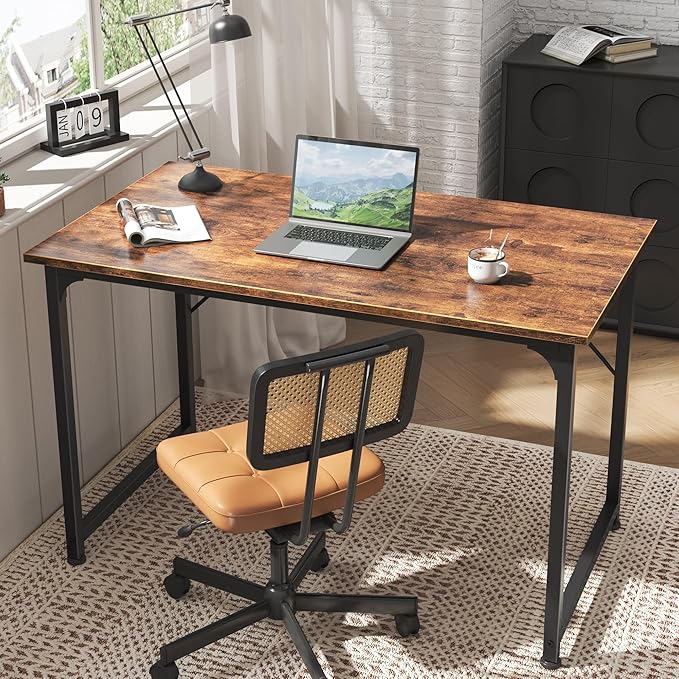 Huuger Computer Desk, 40 Inch Office Desk, Gaming Desk with Storage, Writing Desk Work Desk for Home Office, Study, Modern Simple Desk, Large Legroom, Metal Frame, Rustic Brown