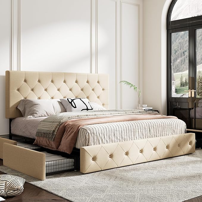 MUTICOR King Size Bed Frame with 4 Storage Drawers, Upholstered Platform Bed with Button Tufted Adjustable Headboard, No Box Spring Needed, Easy Assembly, Diamond Tufted, Beige Fabric