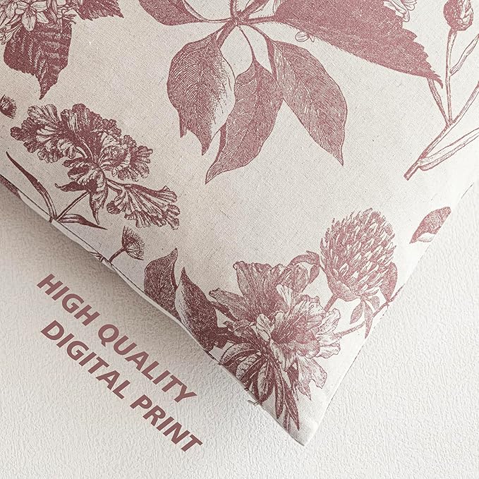 Foindtower Set of 2 Linen Floral Throw Pillow Covers Vintage Accent Print Decorative Cushion Covers Farmhouse Boho Home Decor for Sofa Chair Couch Bedroom Living Room Outdoor,18×18 Inch,Dark Pink