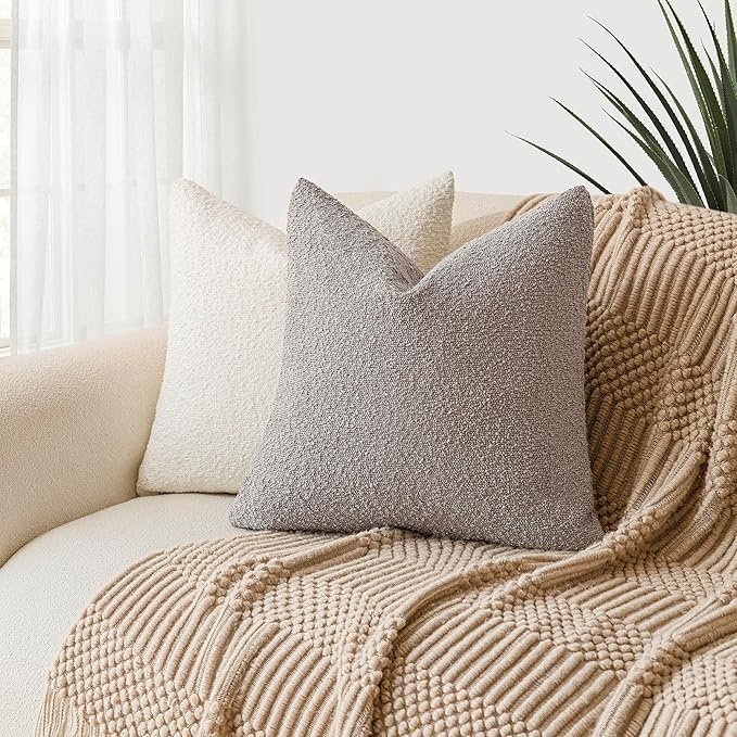 Foindtower Pack of 2, Decorative Textured Boucle Throw Pillow Covers Accent Solid Pillow Cases Cozy Soft Couch Cushion Case for Chair Sofa Bedroom Living Room Home Decor 22 x 22 Inch Neutral Grey