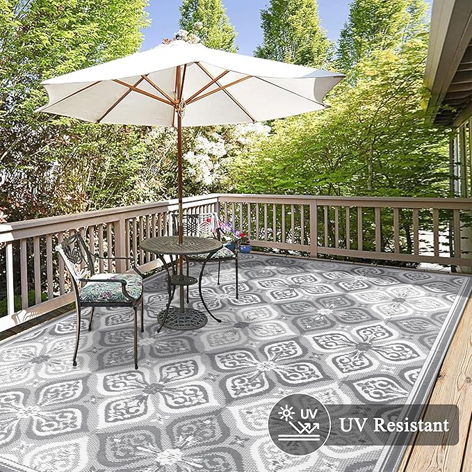 Pauwer Waterproof Outdoor Rug 9x12, Reversible Plastic Straw Patio Camping Rug, Indoor Outdoor RV Mat Carpet for Deck, Camper, Porch, Balcony, Backyard, Picnic, Clover Grey