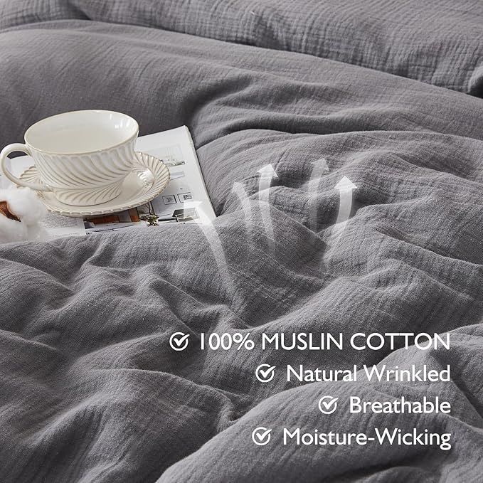 EMME Muslin Cotton Duvet Cover Set Dark Grey Twin Size Linen Like Soft Breathable Lightweight Summer Comforter Cover Set with Zipper Closure (Dark Grey, Twin, 68"x90")