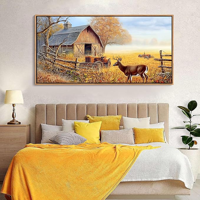 JEAWA Large Framed Wall Art - Deer Animal Art Prints Ready to Hang, Farm Canvas Painting as Gifts for Housewarming, Rustic Nature Landscape Pictures for Living Room Bedroom Home Decoration, 29x58 IN